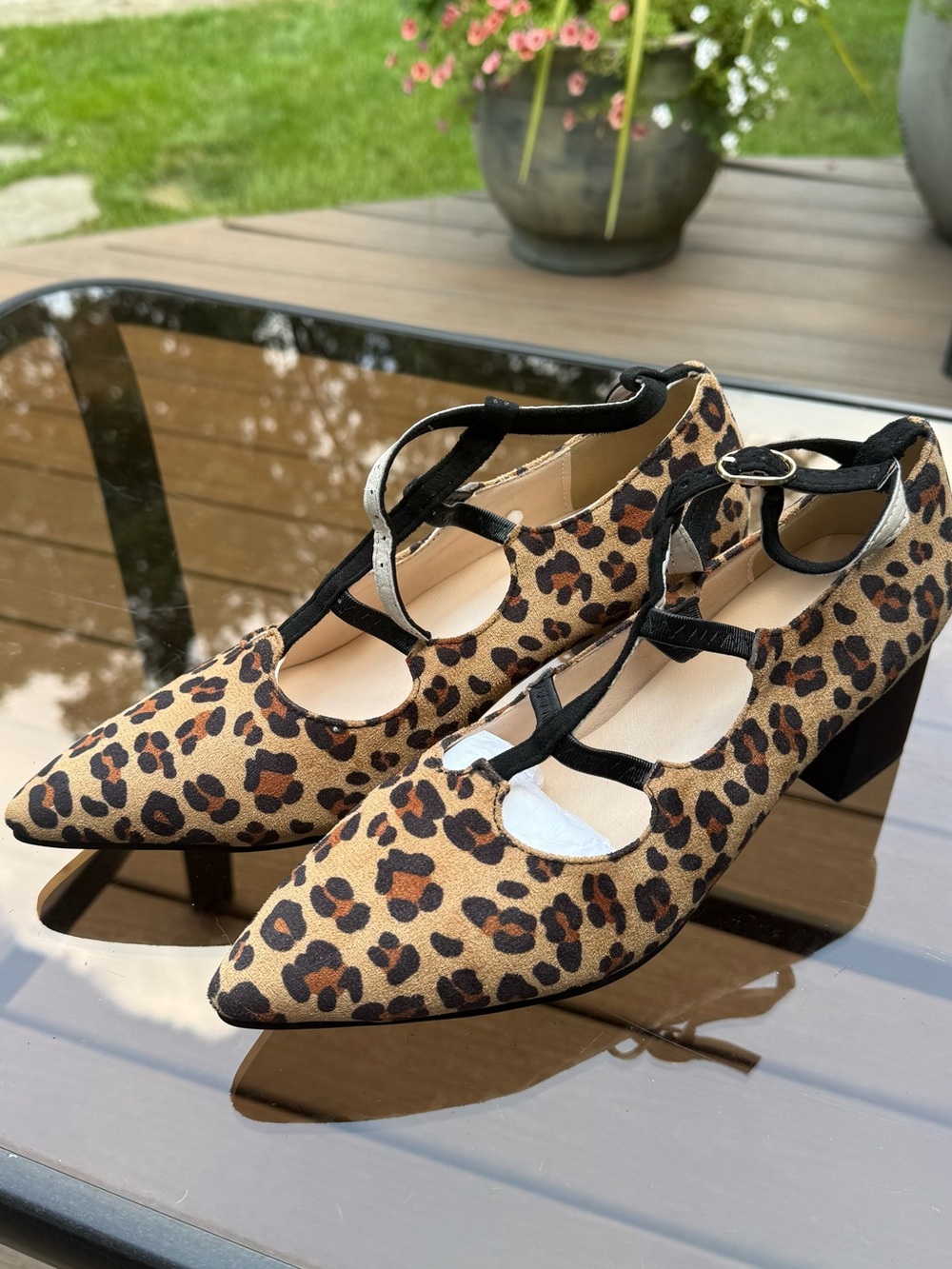 Leopard Print T-Strap Block Heel Pumps - Women's